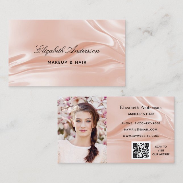 Tarjeta De Visita Rosa de código QR elegante de seda satinada (Anverso / Reverso)