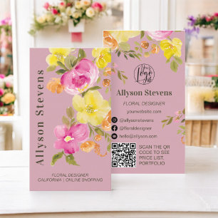 Tarjeta De Visita Rosa de color de agua floral de moda código qr