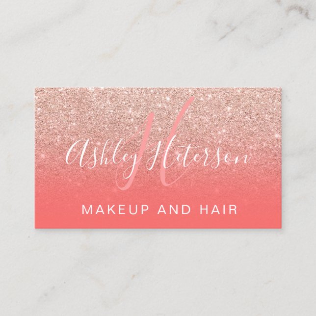Tarjeta De Visita rosa de coral monograma purpurina dorado guión (Anverso)