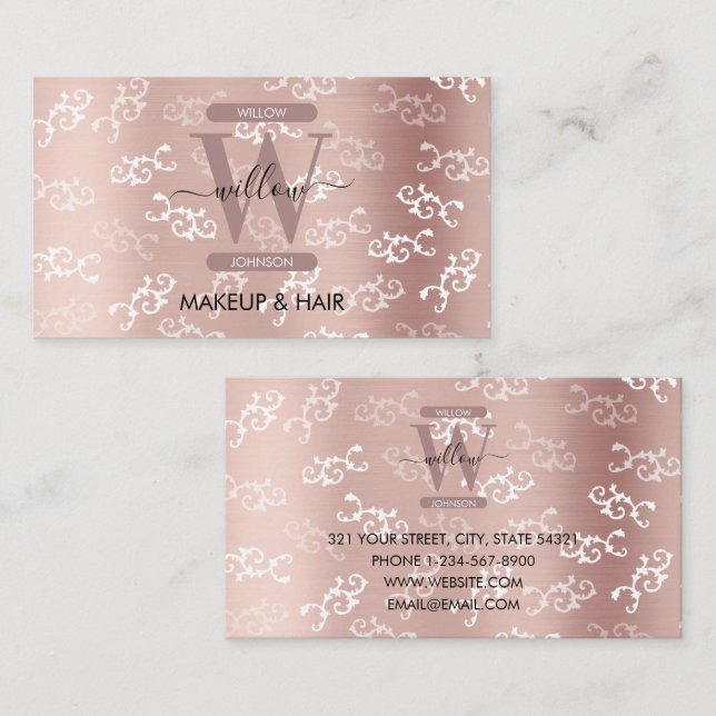 Tarjeta De Visita Rosa de cosecha monogramada Gold Damask Makeup Hai (Anverso / Reverso)
