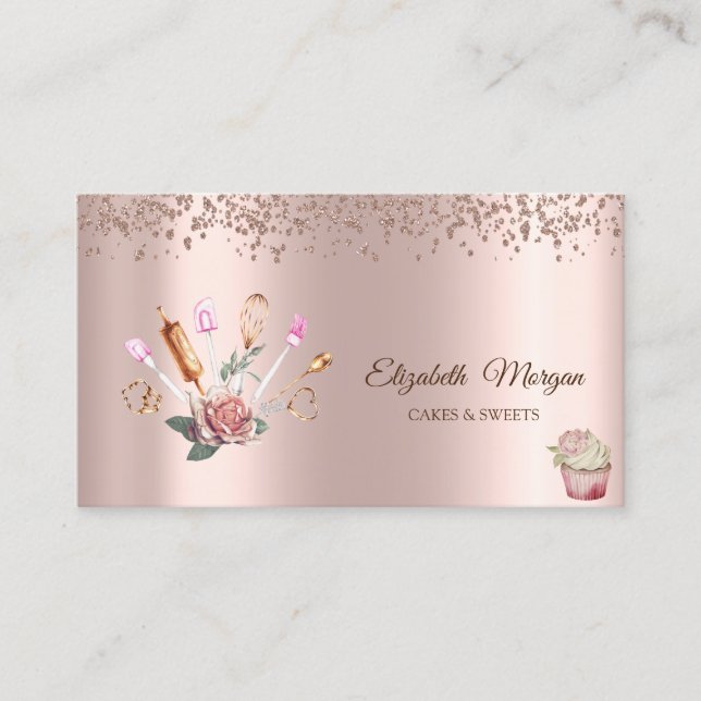 Tarjeta De Visita Rosa de diamantes de oro, flor, pastelitos (Anverso)