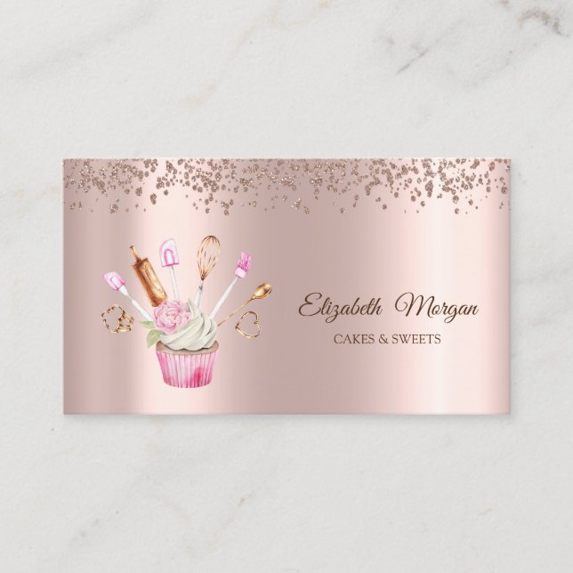 Tarjeta De Visita Rosa de diamantes de oro, herramientas de panaderí (Anverso)