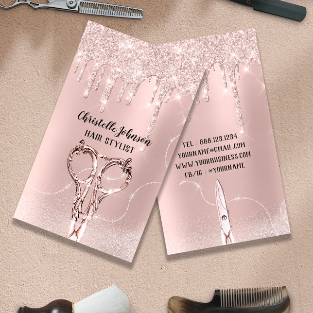 Tarjeta De Visita Rosa de estilo de pelo DripGlitter Hairdresser Tij (Hair Stylist Rose DripGlitter Hairdresser Scissors Business Card)