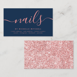 Tarjeta De Visita Rosa de Faux Purpurina de Oro Nail Technician Navy