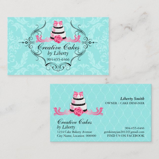 Tarjeta De Visita Rosa de la aguamarina del damasco de la panadería (Anverso / Reverso)