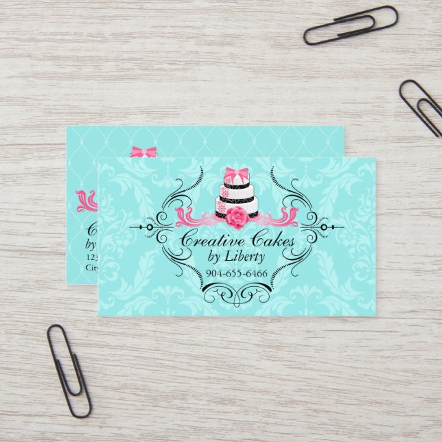 Tarjeta De Visita Rosa de la aguamarina del damasco de la panadería (Anverso/Reverso In Situ)