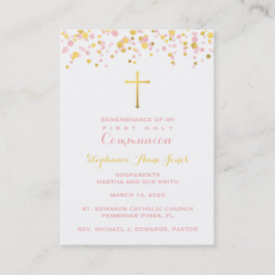 Tarjeta De Visita Rosa de la comunión y confeti del oro