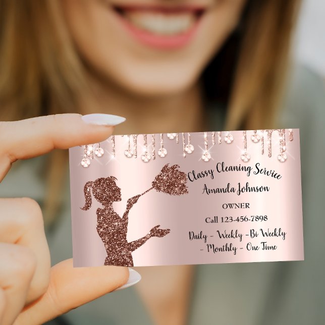 Tarjeta De Visita Rosa de los servicios de limpieza de clase (Classy Cleaning Services Rose Logo Maid Drips Business Card)