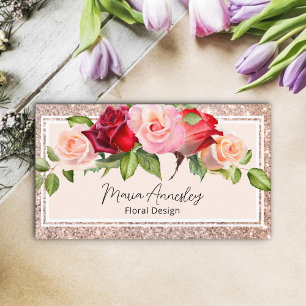 Tarjeta De Visita Rosa de lujo Girly Faux Gold Purpurina Floral