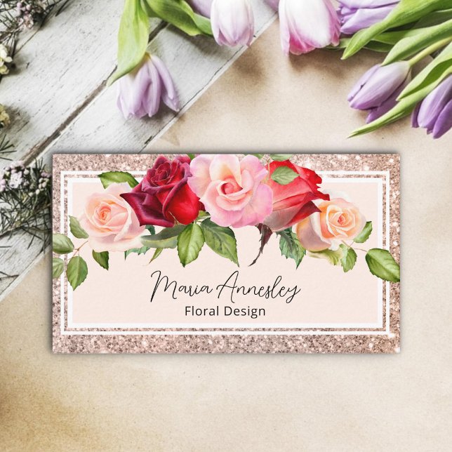 Tarjeta De Visita Rosa de lujo Girly Faux Gold Purpurina Floral (Subido por el creador)