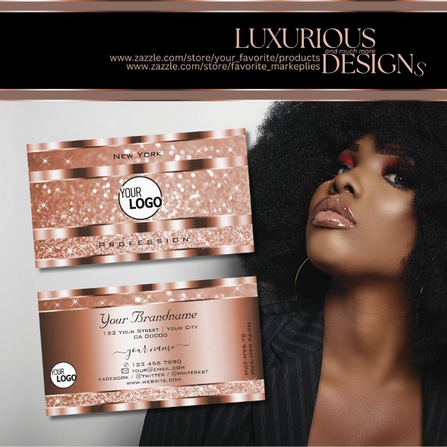 Tarjeta De Visita Rosa de lujo Gold Luminous Purpurina Stars add Log (Subido por el creador)