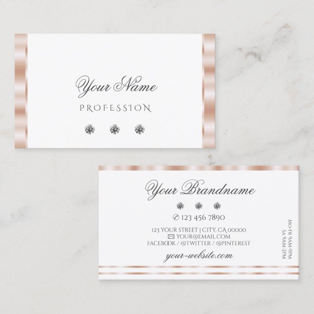 Tarjeta De Visita Rosa de lujo Joyas Esparkling Blanco Oro Elegante (Anverso / Reverso)