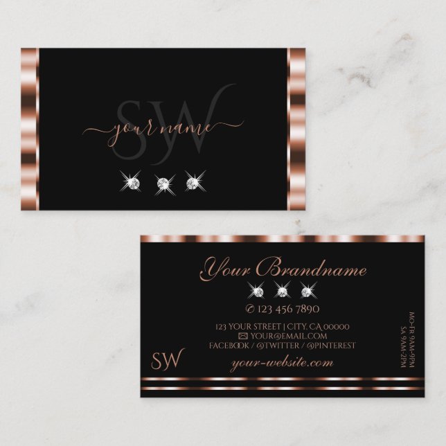 Tarjeta De Visita Rosa de lujo oro Black Sparkling Diamonds Initials (Anverso / Reverso)