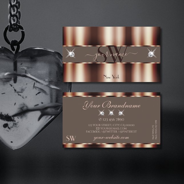 Tarjeta De Visita Rosa de lujo oro marrón espuma Diamantes Monograma (Subido por el creador)