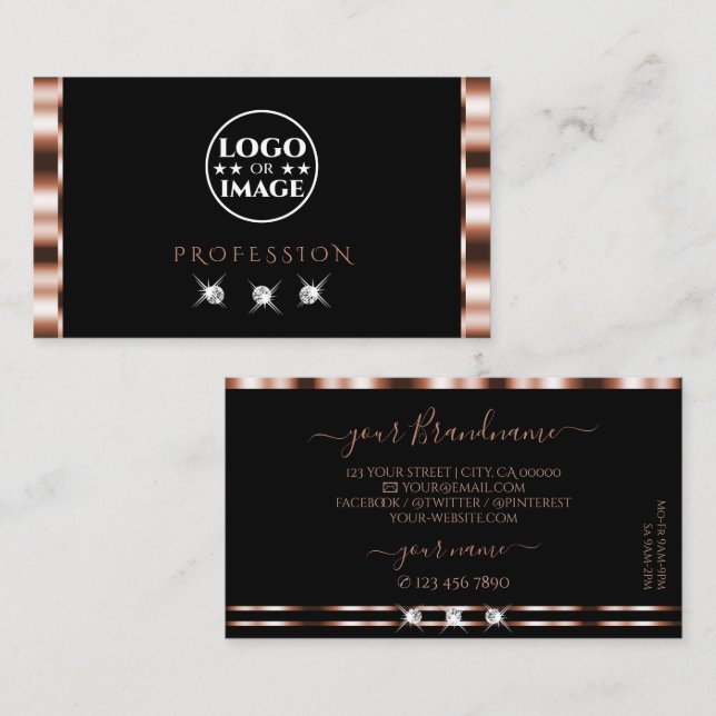 Tarjeta De Visita Rosa de lujo Oro Negro Esparkling Diamantes Añadir (Anverso / Reverso)