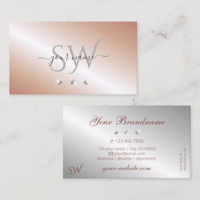 Tarjeta De Visita Rosa de lujo oro Silver Sparkle Diamonds Iniciales (Anverso / Reverso)
