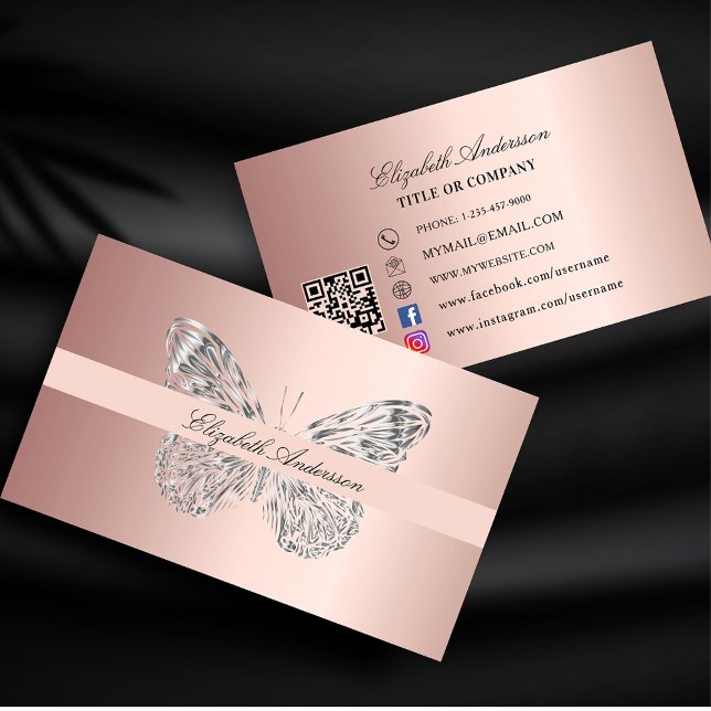 Tarjeta De Visita Rosa de mariposa oro código QR medios sociales (Subido por el creador)