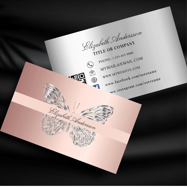 Tarjeta De Visita Rosa de mariposa plata de oro Código QR medios soc (Subido por el creador)