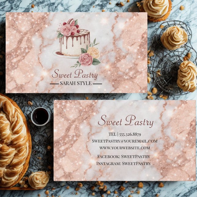 Tarjeta De Visita rosa de mármol dorado Elegante Pastelería (Subido por el creador)