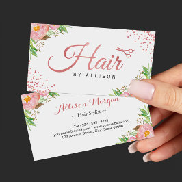 Tarjeta De Visita Rosa de moda Tijeras de Oro Floral Hair Stylist