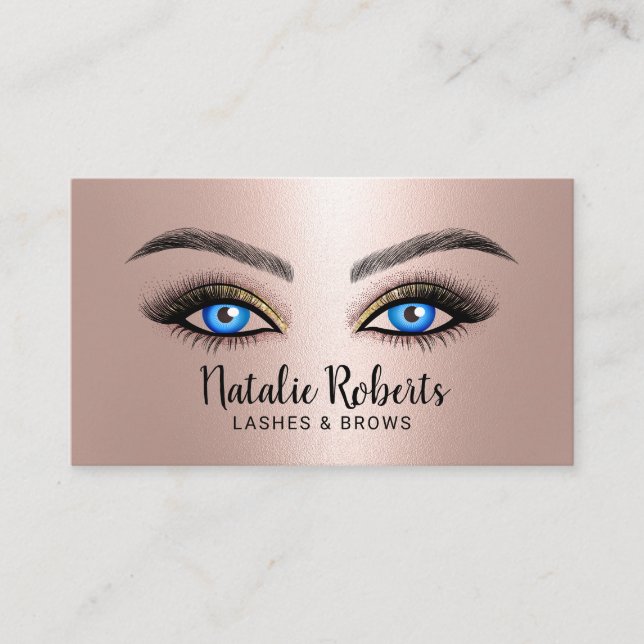 Tarjeta De Visita Rosa de oro del salón de ojos azules de maquillaje (Anverso)