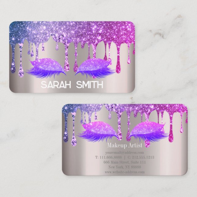 Tarjeta De Visita Rosa de oro elegante, Purpurina gotea pestañas (Anverso / Reverso)