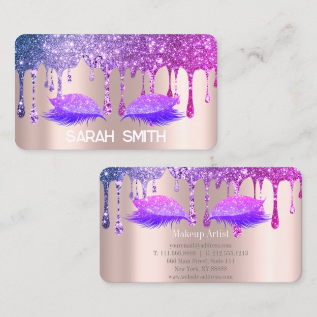Tarjeta De Visita Rosa de oro elegante, Purpurina gotea pestañas (Anverso / Reverso)