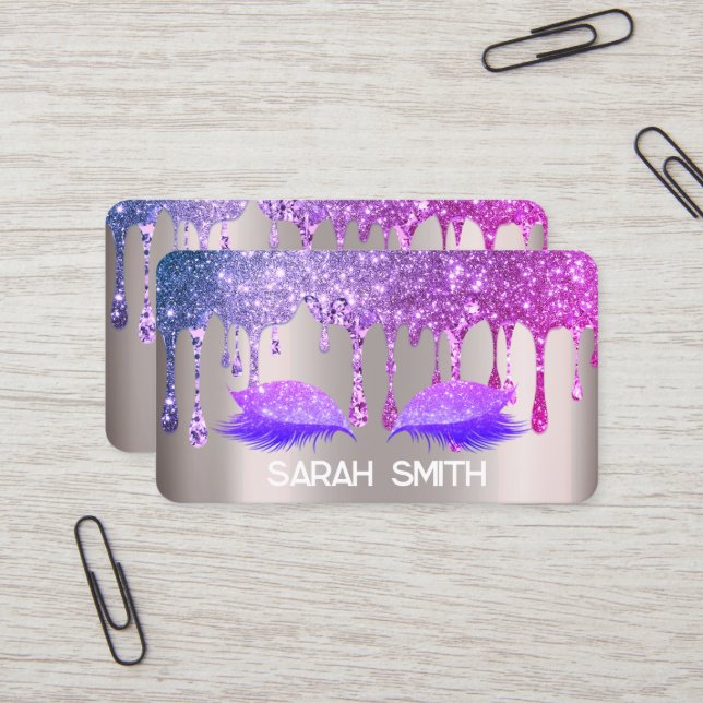 Tarjeta De Visita Rosa de oro elegante, Purpurina gotea pestañas (Anverso/Reverso In Situ)