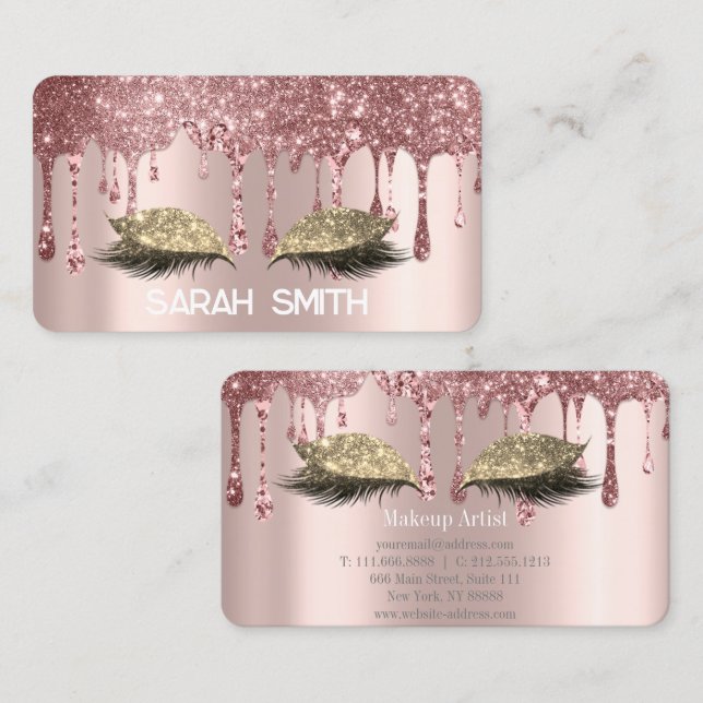 Tarjeta De Visita Rosa de oro elegante, Purpurina gotea pestañas (Anverso / Reverso)