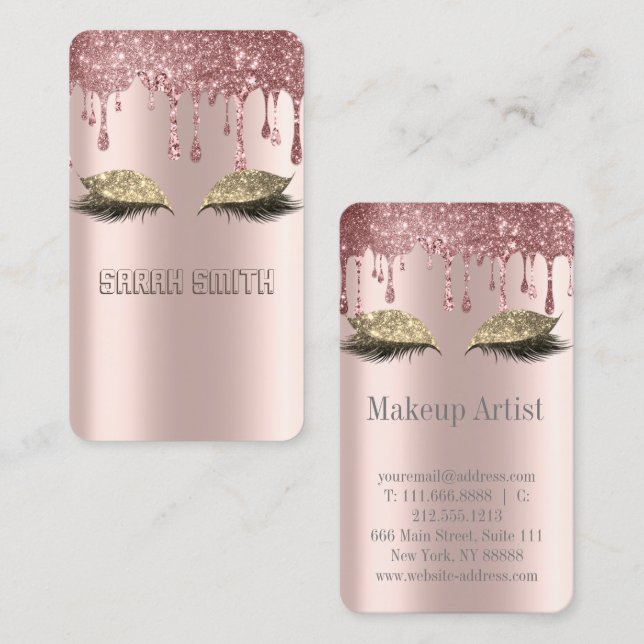 Tarjeta De Visita Rosa de oro elegante, Purpurina gotea pestañas (Anverso / Reverso)
