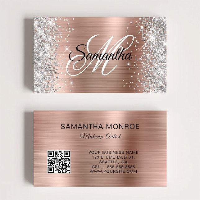 Tarjeta De Visita Rosa de Relieve metalizado dorado Purpurina plata  (Silver Glitter Rose Gold Foil Monogram QR Code Business Card)