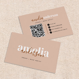 Tarjeta De Visita Rosa del desierto Boho Beige Script QR Código