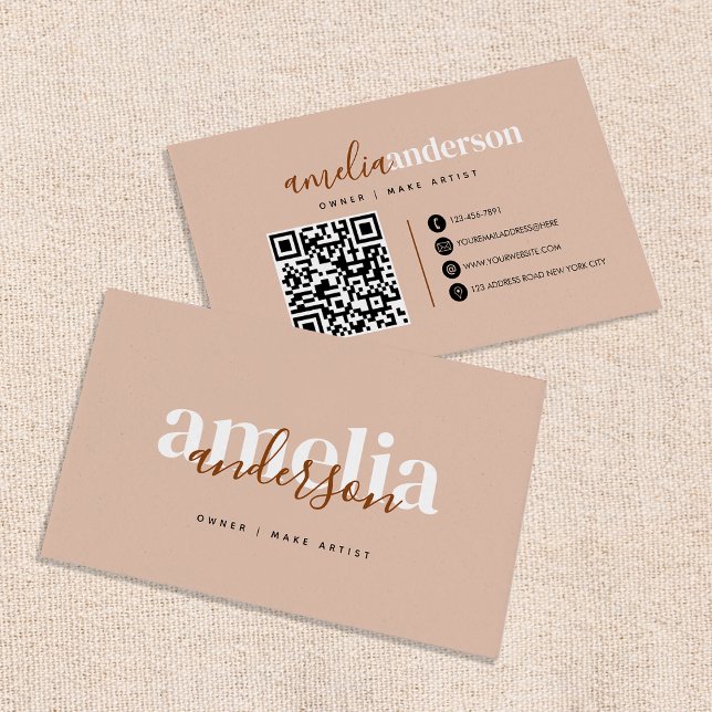 Tarjeta De Visita Rosa del desierto Boho Beige Script QR Código (Subido por el creador)