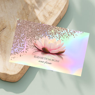 Tarjeta De Visita Rosa Dorada Diamantes Lotus Holográfica Moderna