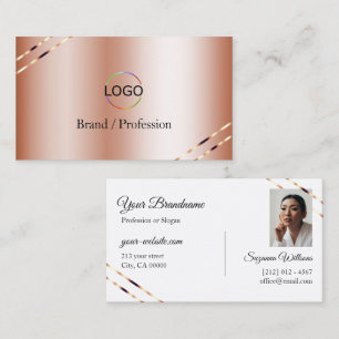 Tarjeta De Visita Rosa Dorado con Logo y Foto de Líneas Brillantes