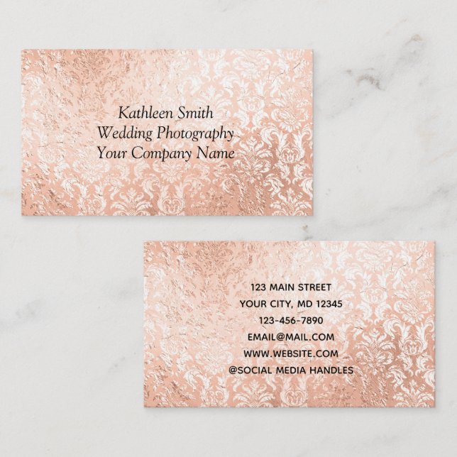 Tarjeta De Visita Rosa Dorado Damasco Elegante Femenino  (Anverso / Reverso)