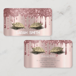 Tarjeta De Visita Rosa Dorado Elegante, Pestañas con Drip Brillante