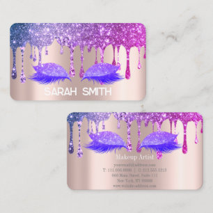 Tarjeta De Visita Rosa Dorado Elegante, Pestañas con Drips de Brillo