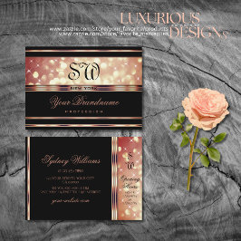 Tarjeta De Visita Rosa dorado negro Glamour Brillo Monograma