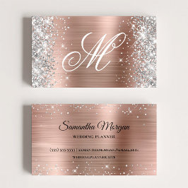 Tarjeta De Visita Rosa Dorado Purpurina Plateada Monograma Elegante