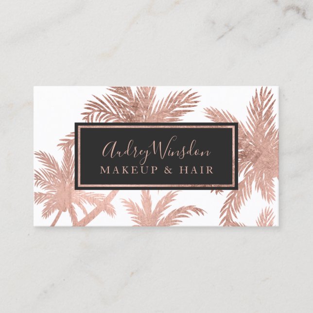 Tarjeta De Visita Rosa dorado Relieve metalizado glam palmera Makeup (Anverso)