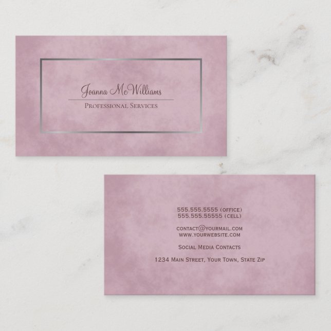 Tarjeta De Visita Rosa Dusty Marble y profesional elegante plateado (Anverso / Reverso)