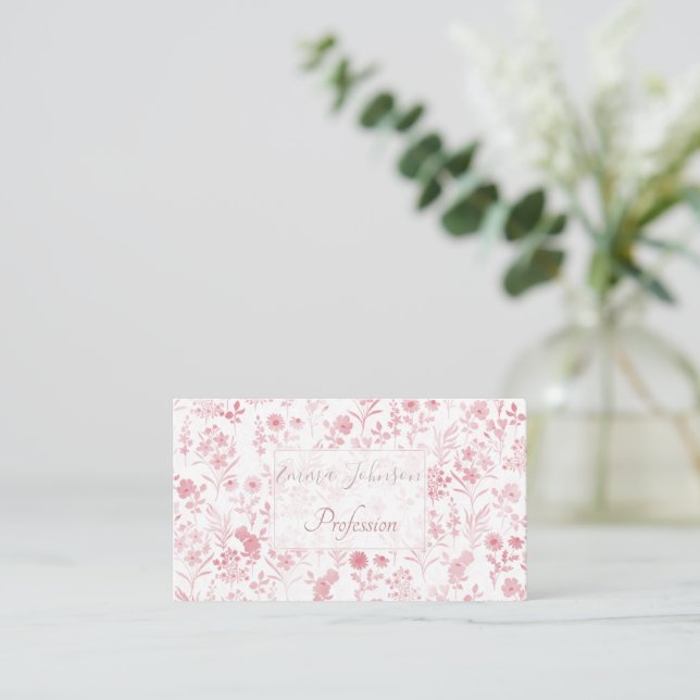 Tarjeta De Visita Rosa elegante Flores de oro Botánica blanca (Anverso de pie)
