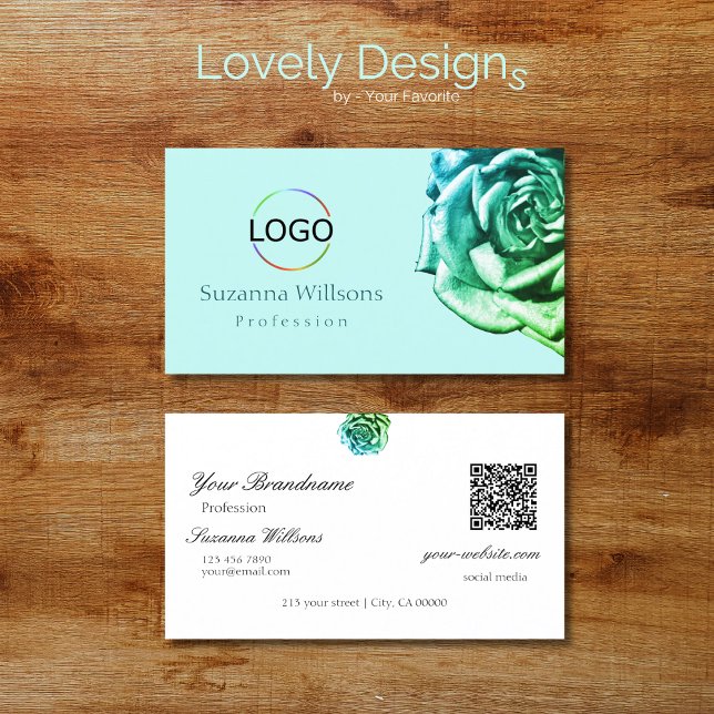 Tarjeta De Visita Rosa encantador en blanco Verde azulado sin logo c (Subido por el creador)
