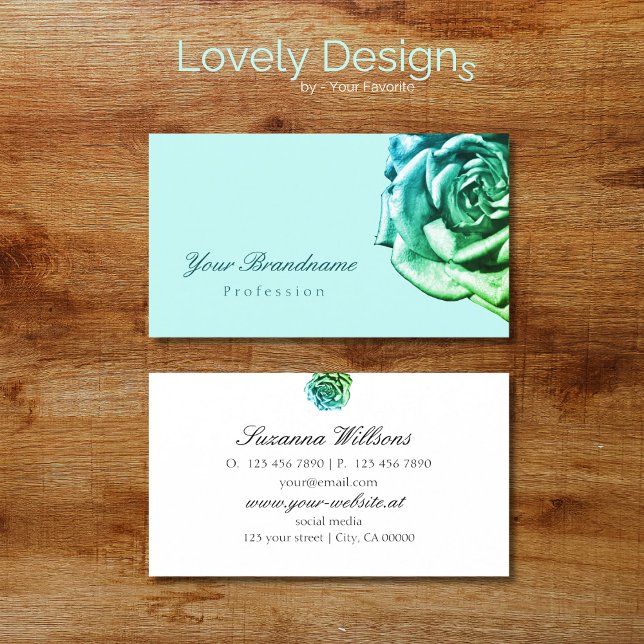 Tarjeta De Visita Rosa encantadora en blanco Verde azulado simple (Subido por el creador)