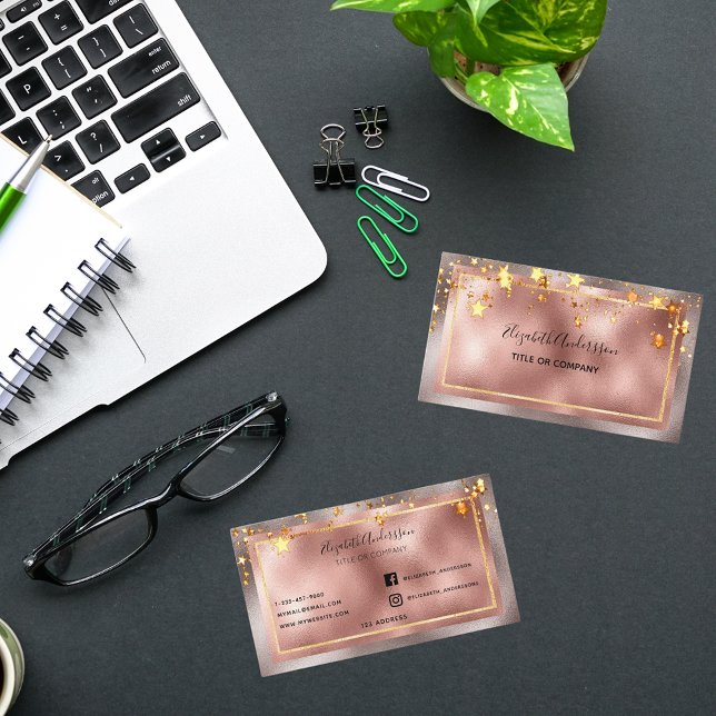 Tarjeta De Visita Rosa estrellas doradas salón de belleza elegante (Subido por el creador)