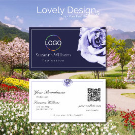 Tarjeta De Visita Rosa floral azul y blanco con código QR con logoti