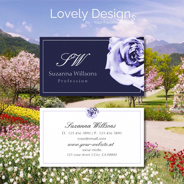 Tarjeta De Visita Rosa floral azul y blanco mate con las iniciales (Subido por el creador)