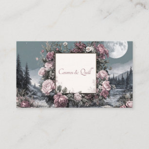 Tarjeta De Visita Rosa Floral Grabada y Paisaje Nocturno de Luna Lle
