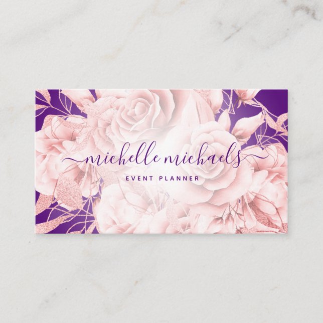 Tarjeta De Visita Rosa floral oro morado guión moderno (Anverso)